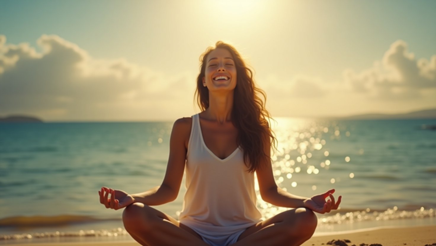 Mulher sorrindo em posição de meditação na praia ao nascer do sol, expressando paz interior, equilíbrio e conexão espiritual — prática de afirmações da Lei da Atração.