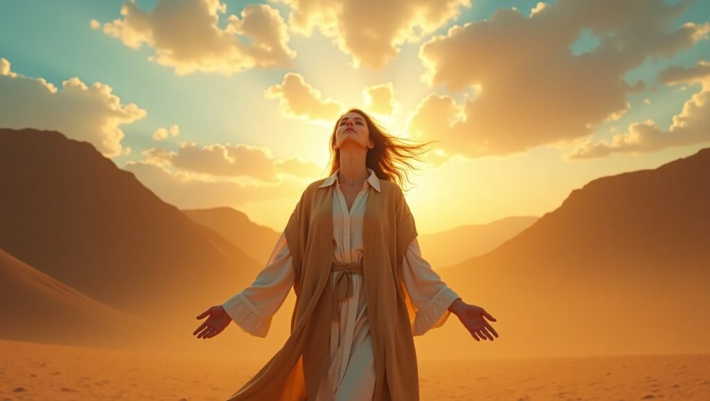 Uma mulher em vestes bíblicas antigas com os braços abertos em atitude de oração no deserto ao pôr do sol, simbolizando fé e espiritualidade diante da luz divina entre as montanhas.