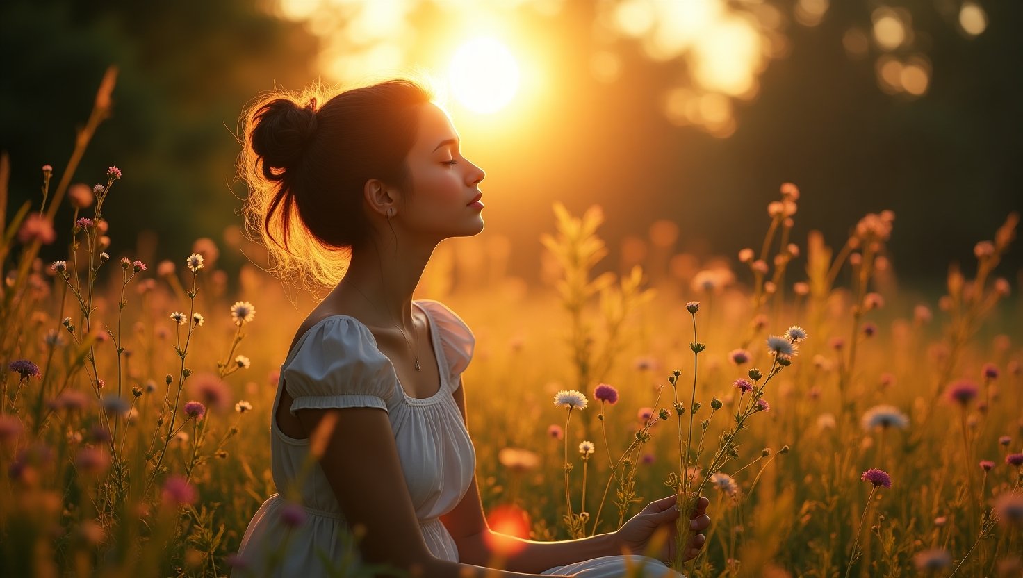 Uma mulher jovem sentada calmamente em um campo de flores silvestres ao pôr do sol, com expressão serena e olhos fechados, vestindo um vestido branco leve, cenário natural iluminado por luz dourada, atmosfera de paz e conexão com a natureza.
