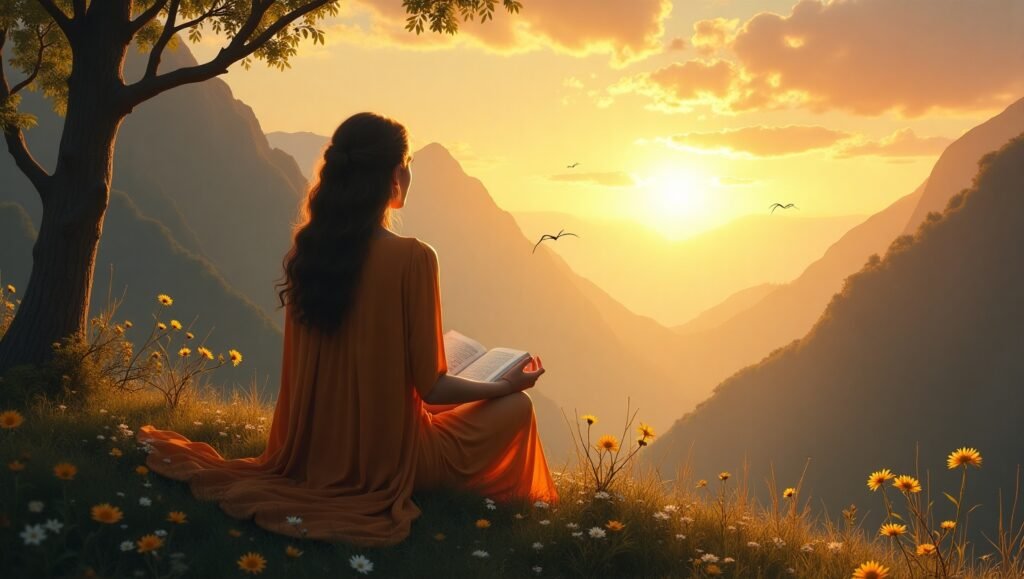 Mulher sentada em posição de oração com livro aberto nas mãos, ao pôr do sol em meio às montanhas e flores silvestres, simbolizando fé, paz interior e conexão com a natureza.