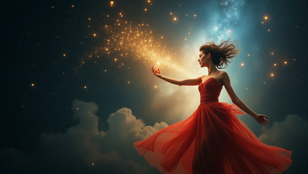 Mulher em vestido vermelho dança no céu noturno com partículas douradas saindo de sua mão, cercada por estrelas e nuvens iluminadas. Autoengano na Manifestação