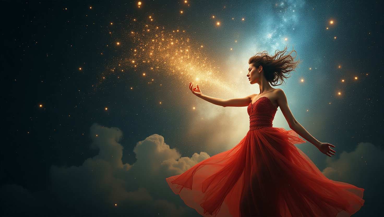 Mulher em vestido vermelho dança no céu noturno com partículas douradas saindo de sua mão, cercada por estrelas e nuvens iluminadas. Autoengano na Manifestação