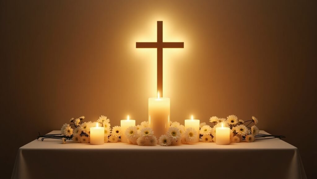 Altar cristão iluminado com cruz ao centro envolta por luz divina, cercado por velas acesas e flores brancas sobre toalha branca, criando um ambiente de paz, fé e espiritualidade.