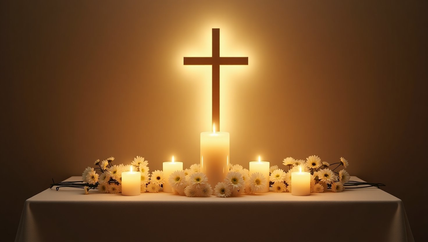 Altar cristão iluminado com cruz ao centro envolta por luz divina, cercado por velas acesas e flores brancas sobre toalha branca, criando um ambiente de paz, fé e espiritualidade.
