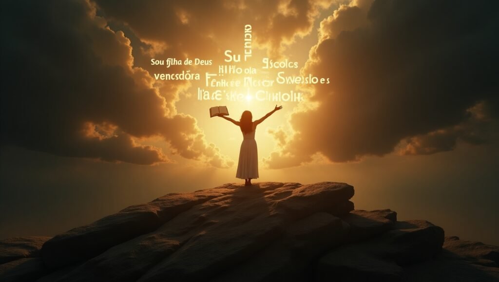 Mulher de braços erguidos segurando Bíblia sobre uma montanha ao pôr do sol, com palavras espirituais formando uma cruz luminosa no céu, representando vitória em batalha espiritual e identidade como filha de Deus.