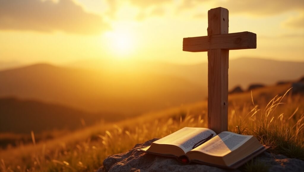 Bíblia aberta e cruz de madeira ao pôr do sol nas montanhas simbolizando fé e espiritualidade cristã