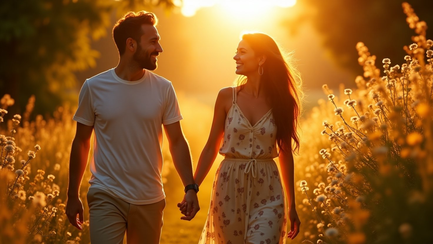 Casal apaixonado caminhando de mãos dadas por campo florido ao pôr do sol, simbolizando amor, conexão e momentos felizes a dois