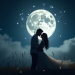 Casal apaixonado se abraçando sob a lua cheia em céu estrelado com nuvens ao fundo