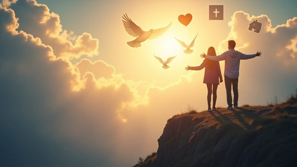 Casal orando e meditando no alto da montanha ao nascer do sol com pombas brancas e ícones de fé, amor e lar flutuando entre as nuvens