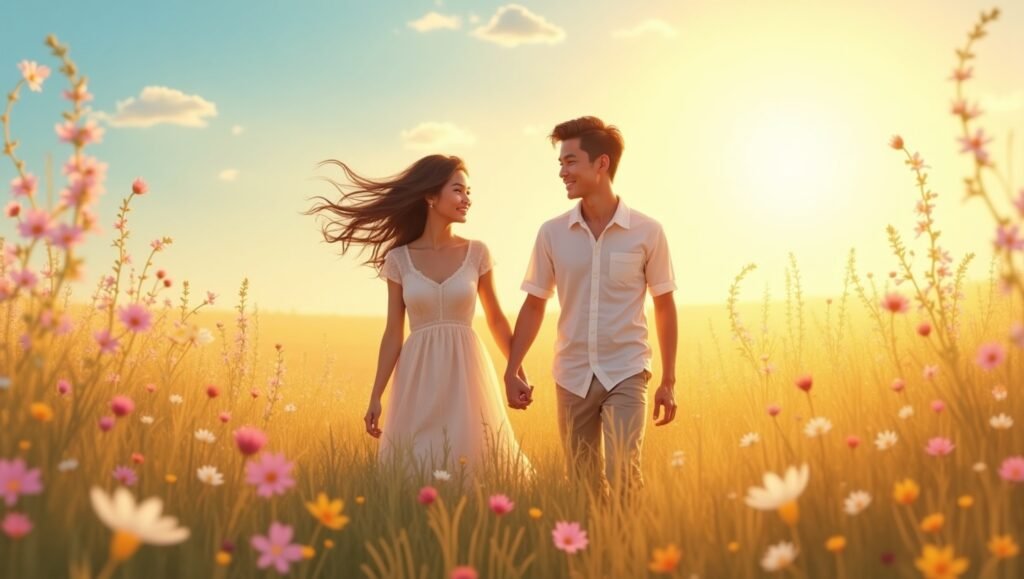 Casal jovem asiático caminhando de mãos dadas em um campo florido ao entardecer, simbolizando amor e romance na natureza