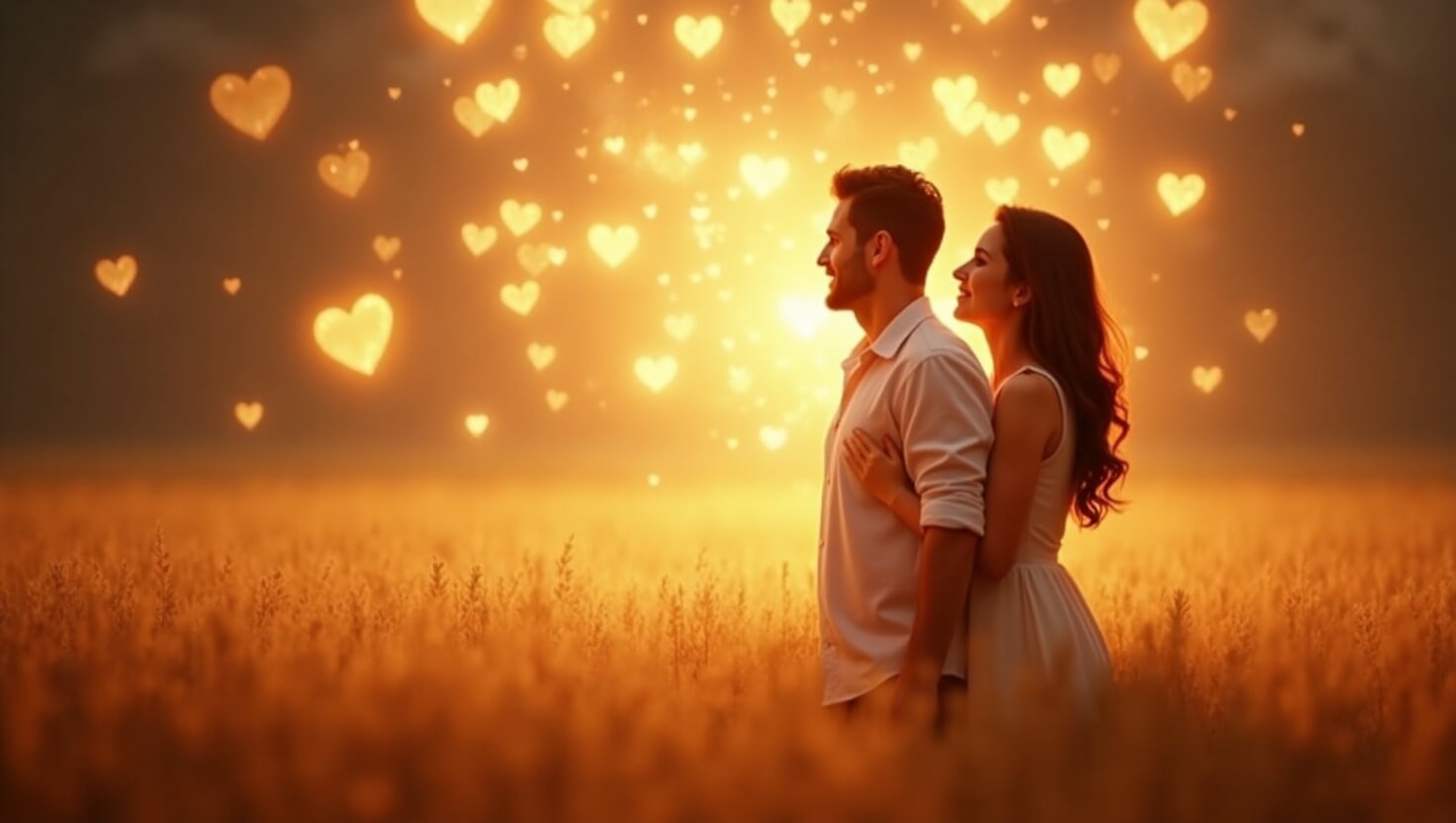 Casal jovem abraçado em campo florido ao pôr do sol, com corações flutuando no ar simbolizando o amor e o romance, atmosfera mágica e calorosa.