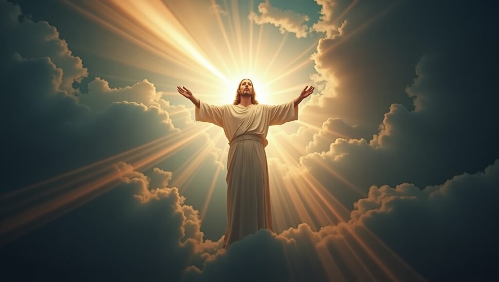 "Cena realista de Jesus Cristo com braços abertos, envolto em nuvens e luz divina intensa, com raios de luz dourados atravessando o céu dramático"