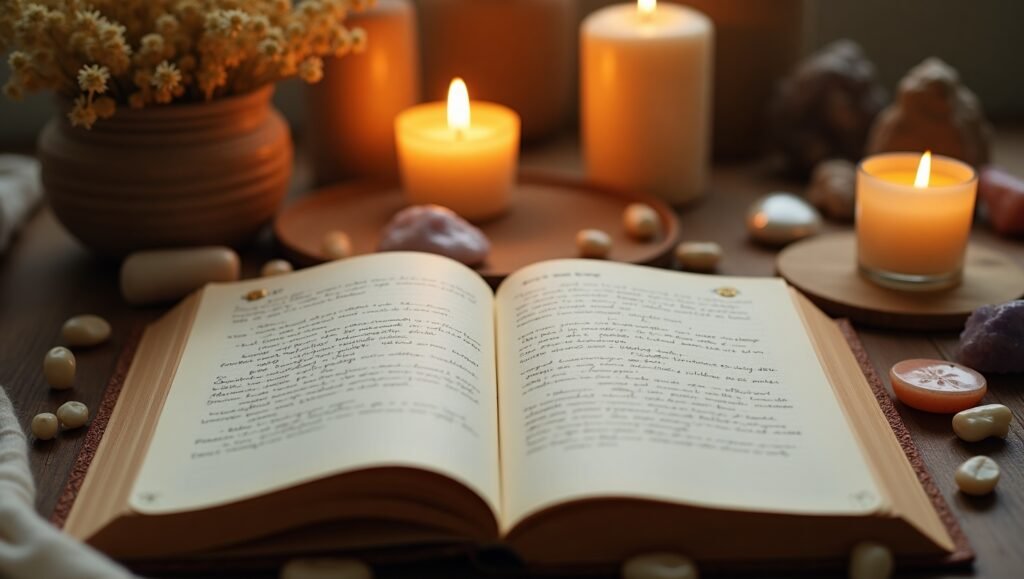 Diário de afirmações aberto sobre uma mesa de madeira, rodeado por velas acesas, cristais, pedras naturais e flores secas, criando um ambiente acolhedor e espiritual de autocuidado e conexão interior