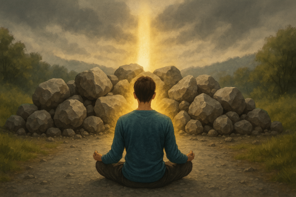 Homem de costas meditando em posição de lótus diante de uma pilha de pedras que bloqueia um caminho, com uma luz dourada brilhando entre as pedras.