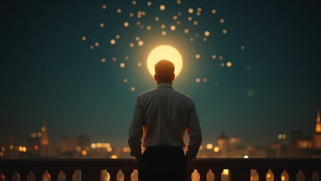 Homem observando o céu estrelado e a lua cheia, representando o poder das 5 frases para dizer ao universo todos os dias e alinhar sua energia.