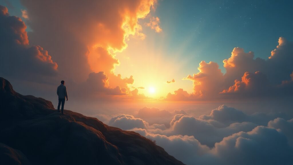 Homem em uma montanha observando o nascer do sol acima das nuvens, simbolizando contemplação, fé e esperança nas promessas de Deus.