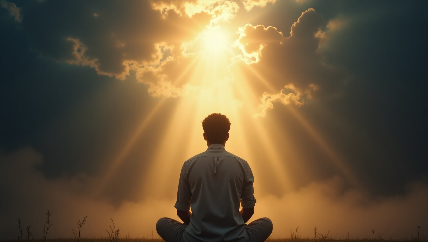 Homem em oração sentado diante de luz celestial intensa vinda do céu, simbolizando conexão espiritual, resposta divina e fé profunda