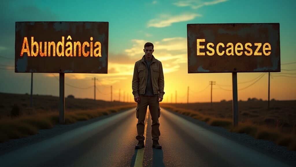 Homem parado em estrada deserta ao pôr do sol, entre duas placas com as palavras Abundância e Escassez, simbolizando escolhas de vida e mentalidade. porque a lei da atração não funciona
