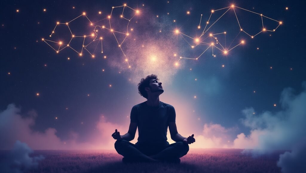 Homem sentado em posição de meditação em um campo sob céu estrelado, contemplando constelações brilhantes em um ambiente cósmico e sereno.