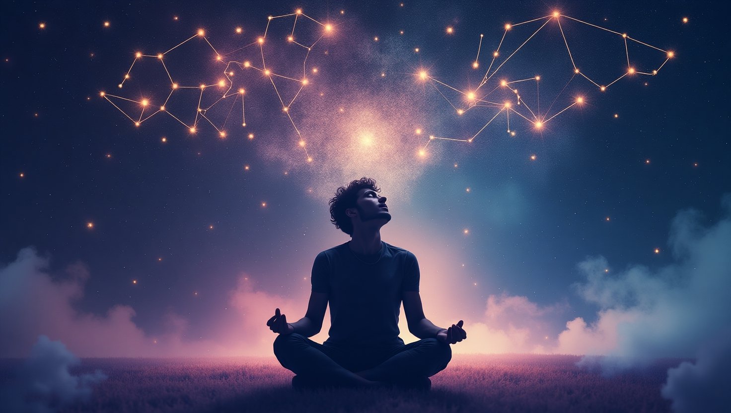Homem sentado em posição de meditação em um campo sob céu estrelado, contemplando constelações brilhantes em um ambiente cósmico e sereno.