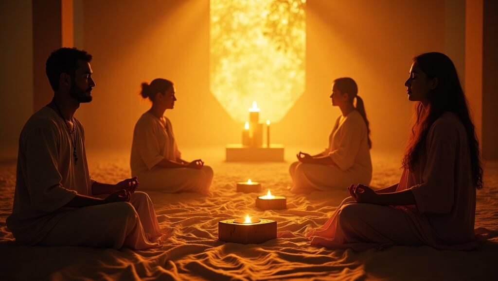 Homens e mulheres sentados em círculo, orando e meditando em um ambiente sereno, iluminado por velas. Atmosfera espiritual e acolhedora, com roupas claras e cenário suave, ideal para práticas de mindfulness e meditação guiada