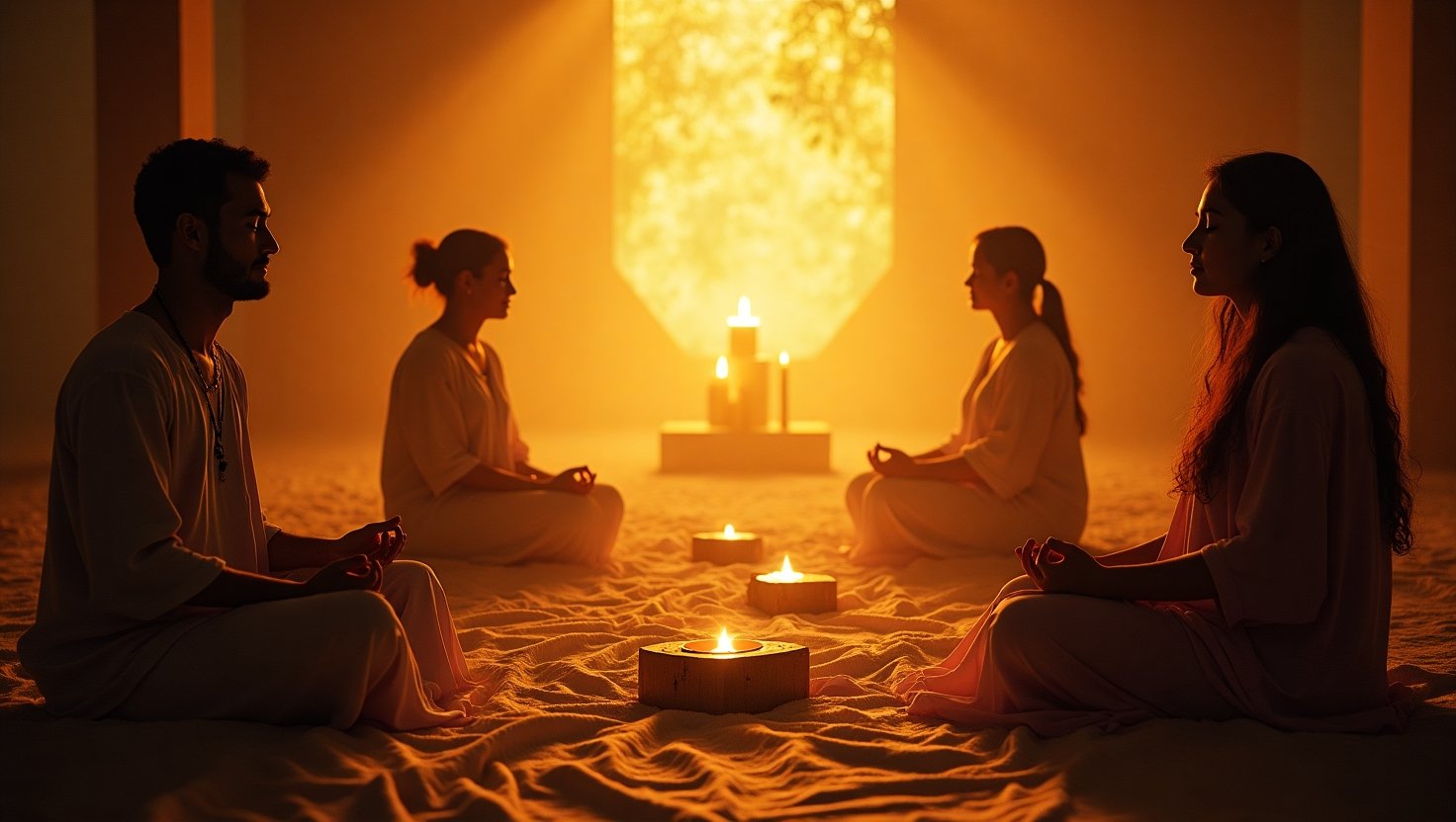 Homens e mulheres sentados em círculo, orando e meditando em um ambiente sereno, iluminado por velas. Atmosfera espiritual e acolhedora, com roupas claras e cenário suave, ideal para práticas de mindfulness e meditação guiada