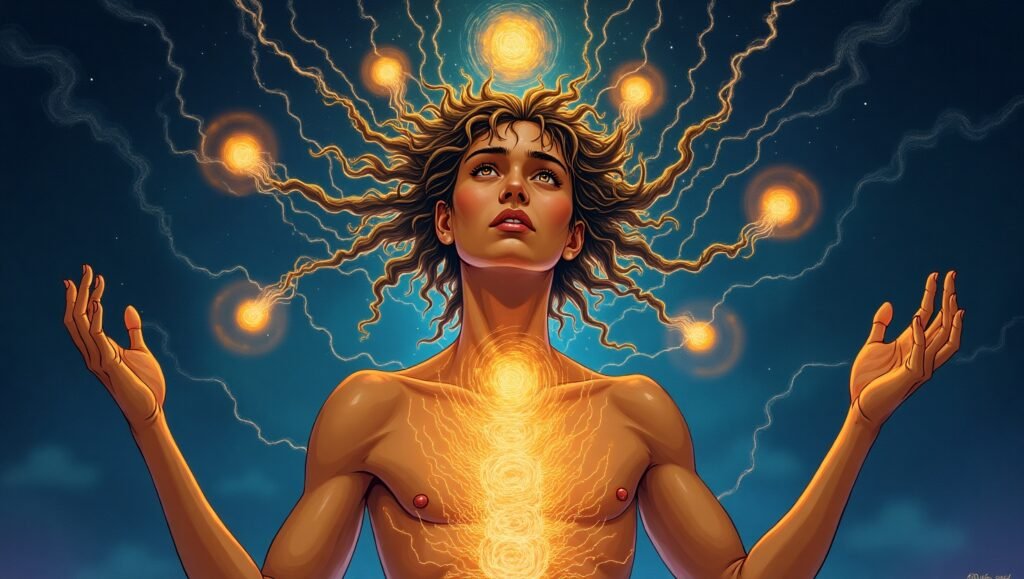 Pessoa com energia bloqueada e chakras desalinhados, representando como a resistência bloqueia seus resultados.