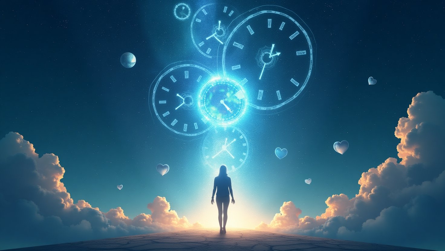 Pessoa caminhando sobre nuvens em direção a um céu estrelado com relógios flutuantes e elementos cósmicos, representando viagem no tempo, transcendência e expansão da consciência.