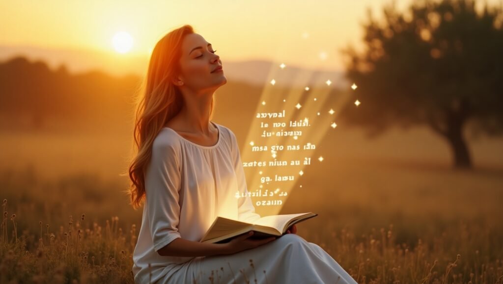 Jovem em oração ao pôr do sol com Bíblia aberta e palavras divinas do Salmo saindo em luz, simbolizando fé e revelação espiritual.