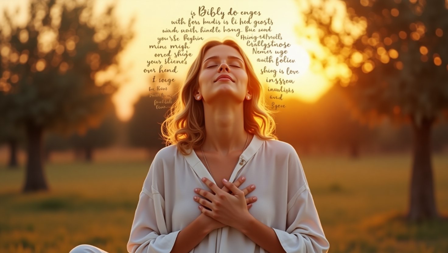 Jovem mulher loira orando em campo ao pôr do sol, de olhos fechados e mãos sobre o peito, expressando fé e gratidão, com palavras da Bíblia flutuando ao redor de sua cabeça em um ambiente espiritual e sereno"