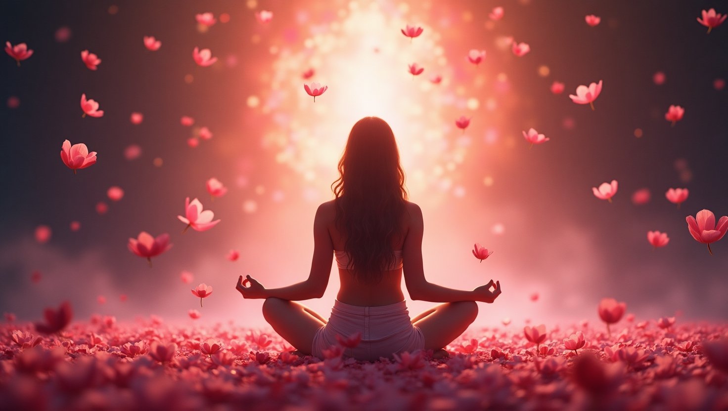 Mulher jovem meditando sentada de costas em posição de lótus, cercada por pétalas de flores cor-de-rosa flutuando, com uma luz intensa ao fundo simbolizando paz interior.