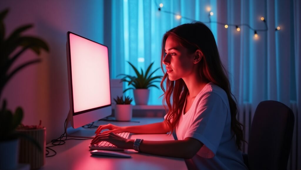 Jovem mulher concentrada usando computador em ambiente moderno com luzes LED, ideal para home office ou criação de conteúdo digital.