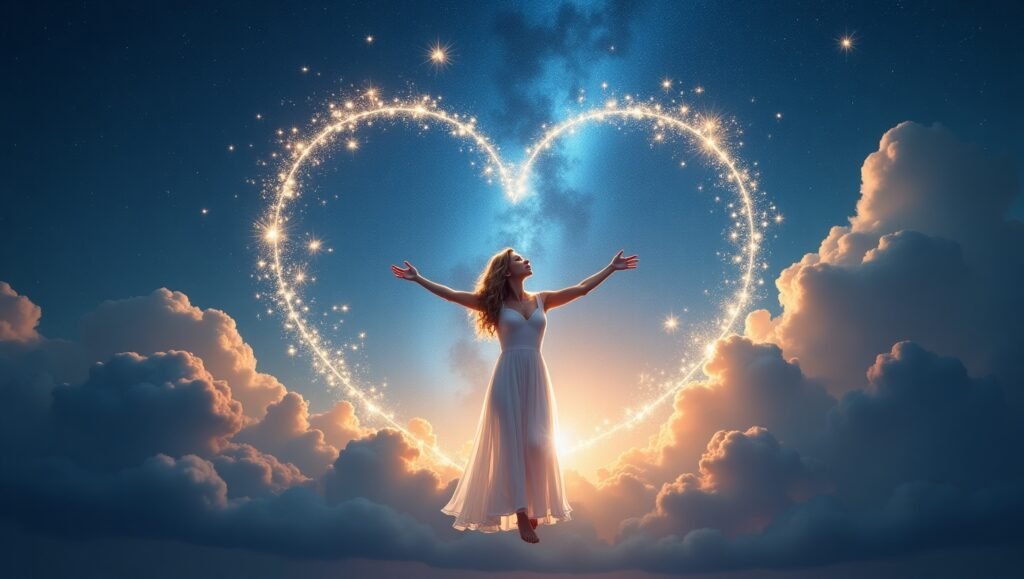 Jovem mulher de vestido branco flutuando sobre nuvens ao entardecer, cercada por um coração brilhante formado por estrelas no céu noturno mágico