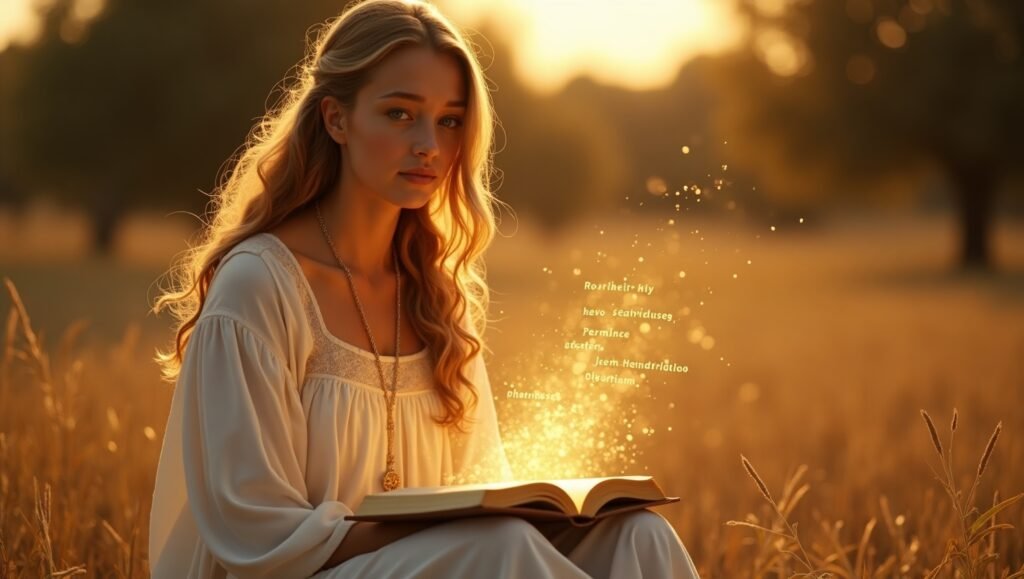 Jovem loira sentada em campo ao pôr do sol, usando vestido branco fluido, orando com uma Bíblia aberta no colo, com brilho dourado e palavras flutuando no ar simbolizando fé e espiritualidade