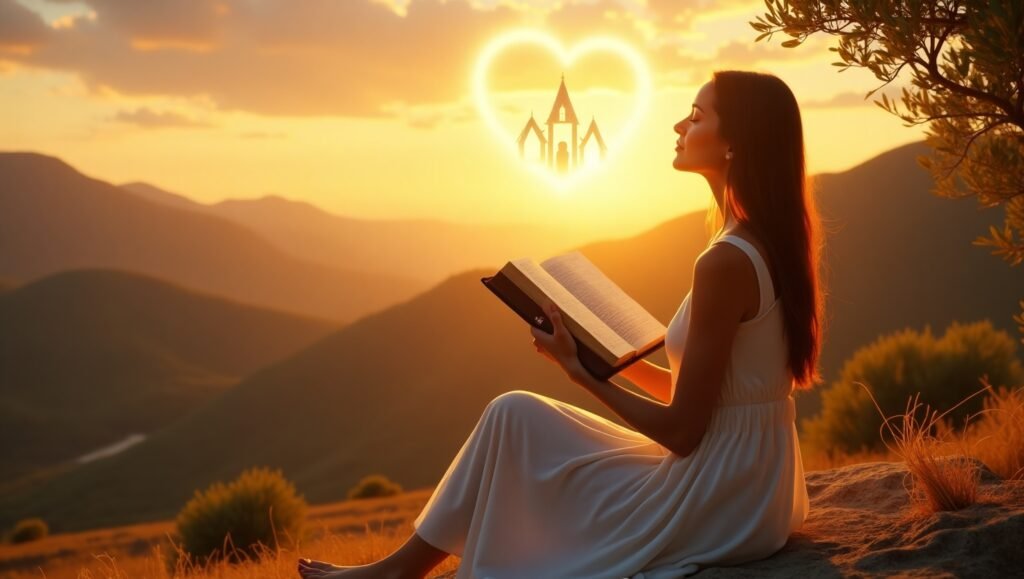 Jovem orando ao pôr do sol com Bíblia nas mãos, sentada em uma colina, com luz dourada e símbolo de igreja no céu em forma de coração — fé, espiritualidade e conexão com Deus na natureza.