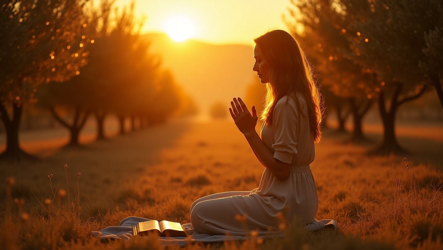 Jovem mulher ajoelhada ao entardecer entre árvores, com as mãos em posição de oração e uma bíblia aberta no chão à sua frente, iluminada pela luz dourada do pôr do sol, transmitindo fé, paz e espiritualidade na natureza.