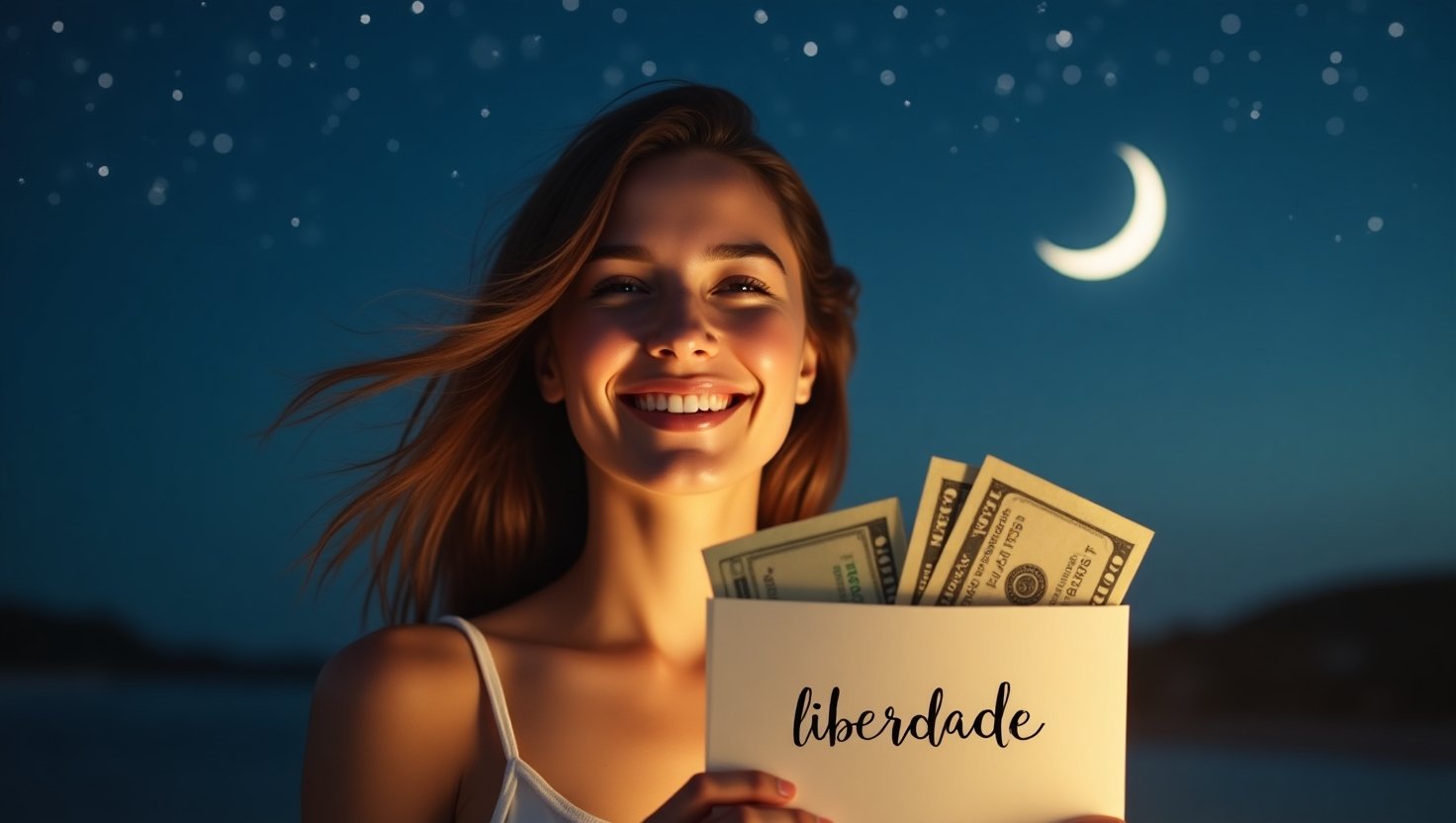 Mulher sorridente segurando envelope com dinheiro e a palavra liberdade ao ar livre sob céu estrelado e lua crescente