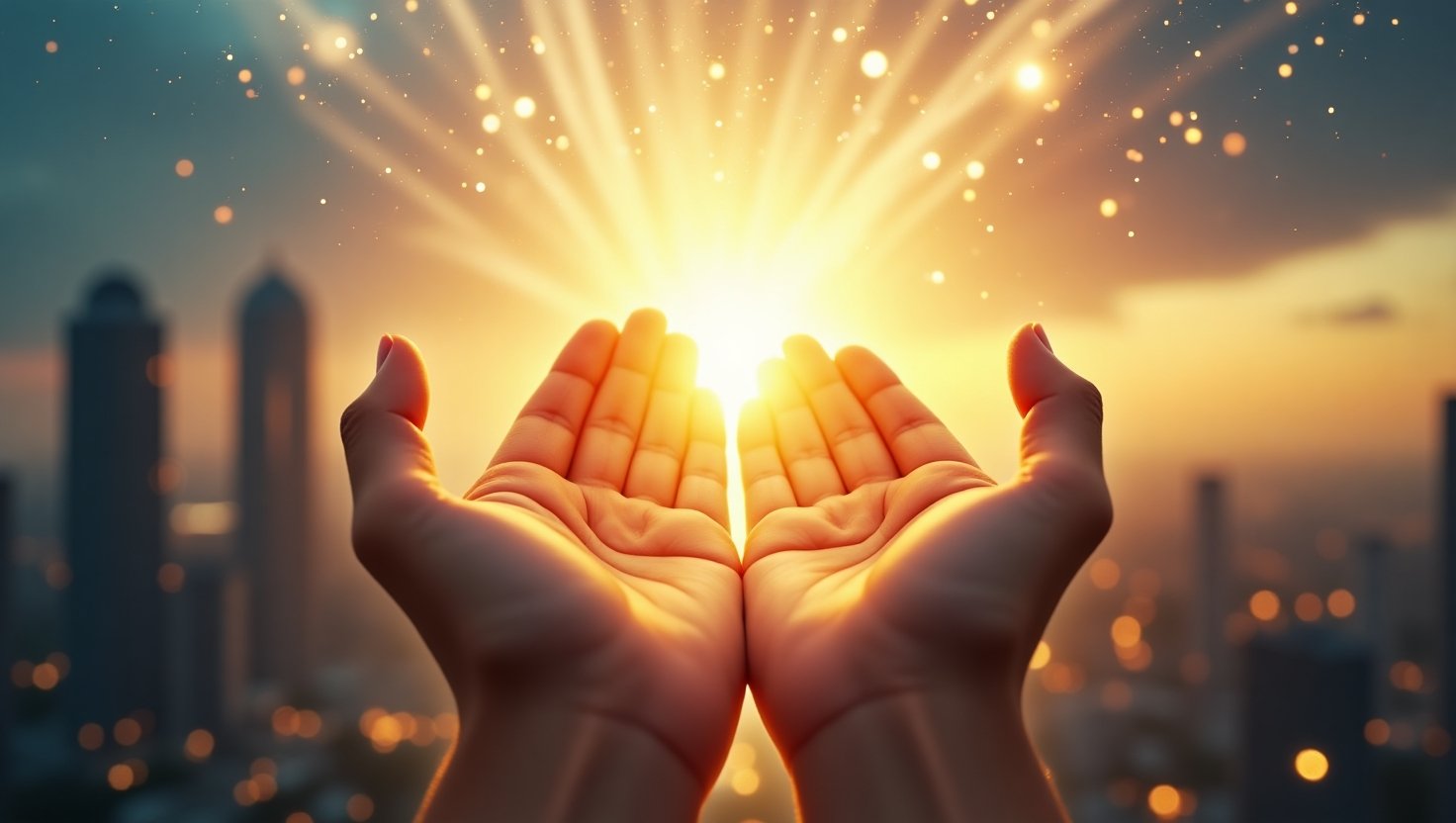 Mãos femininas abertas em direção ao céu segurando uma luz dourada brilhante, representando energia espiritual, manifestação de desejos, poder interior e conexão com o universo ao pôr do sol na cidade.