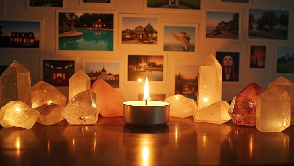 Altar com vela acesa cercada por cristais energéticos, diante de mural com imagens de visualizações de desejos, simbolizando prática da Lei da Atração, manifestação e foco espiritual.
