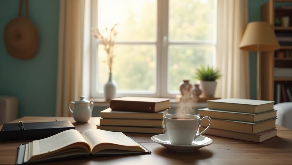 Mesa de madeira com diário aberto, pilhas de livros e xícara de chá quente ao lado de uma janela iluminada pelo sol, transmitindo atmosfera aconchegante de leitura, escrita e relaxamento em ambiente calmo e natural.
