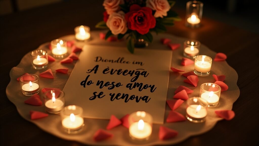 Arranjo romântico com velas acesas, pétalas de rosa e mensagem manuscrita sobre renovação do amor, em uma mesa intimista