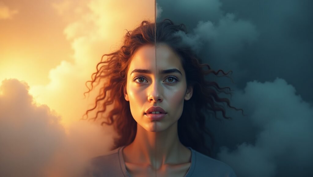 Mulher com rosto dividido entre luz e sombra, simbolizando o equilíbrio entre emoções positivas e negativas, energia espiritual e dualidade interior"