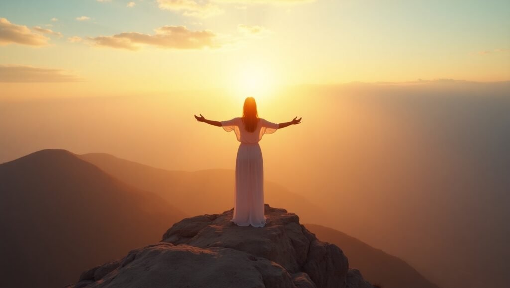 Mulher de braços abertos no topo de uma montanha durante o nascer do sol, simbolizando liberdade, conexão espiritual e plenitude.