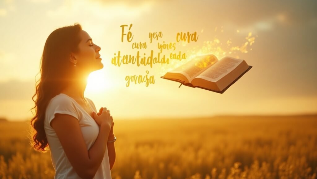 Mulher jovem em campo ao pôr do sol, orando com mãos no peito e olhos fechados, ao lado de uma Bíblia flutuante iluminada com palavras como “fé”, “cura” e “identidade” escritas no ar, representando poder e autoridade espiritual.