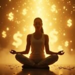Mulher meditando em posição de lótus, com símbolos de cifrão dourados flutuando ao fundo, representando abundância financeira
