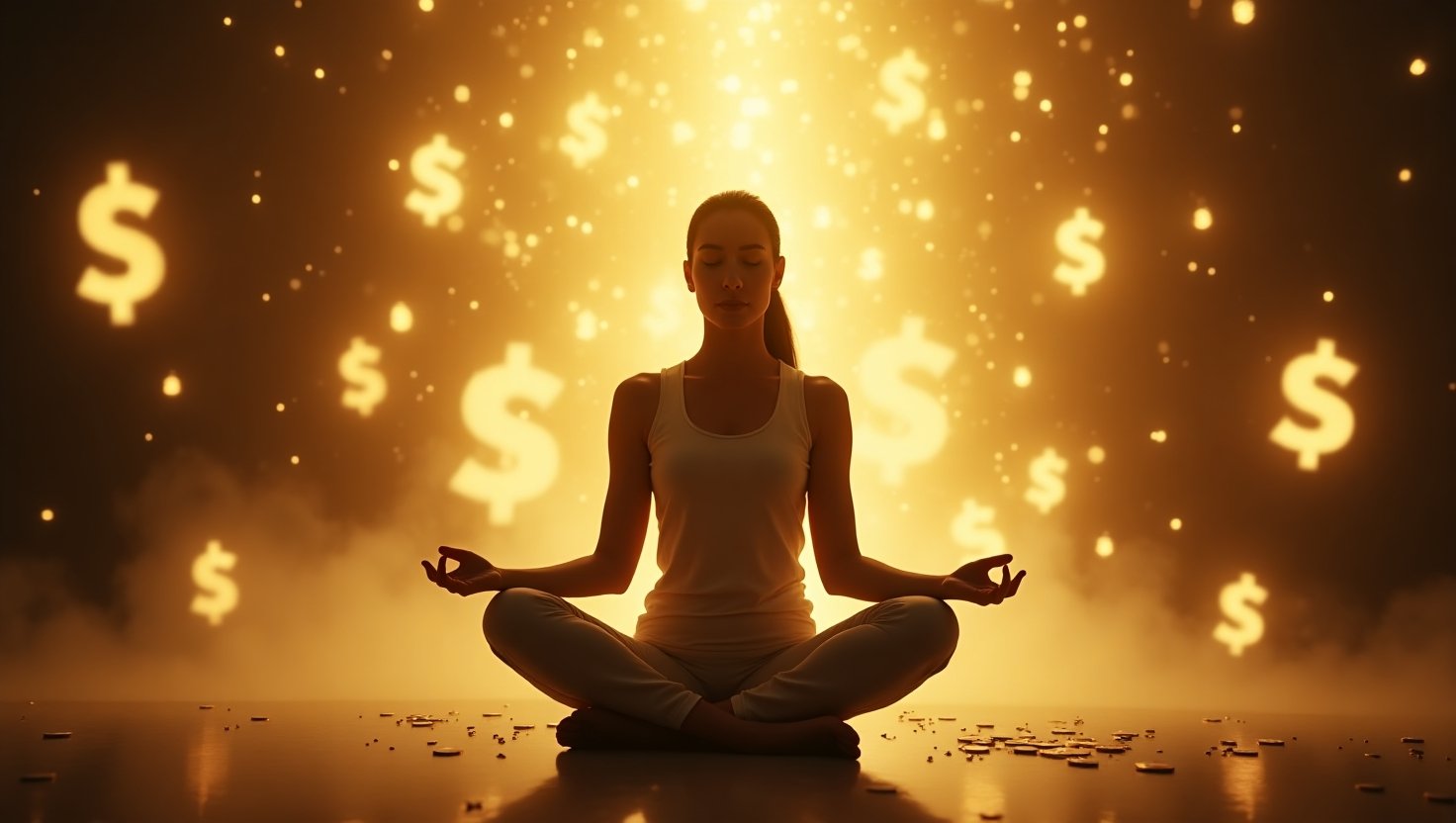 Mulher meditando em posição de lótus, com símbolos de cifrão dourados flutuando ao fundo, representando abundância financeira