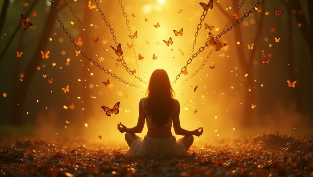 Mulher meditando em posição de lótus em meio a uma floresta iluminada por uma luz dourada intensa, com borboletas alaranjadas voando ao redor e correntes se quebrando simbolizando libertação e transformação espiritual