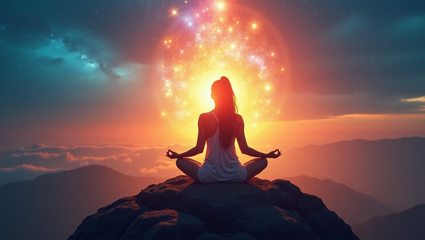 Mulher meditando em posição de lótus no topo de uma montanha ao pôr do sol, com céu estrelado e aura de energia brilhante ao fundo, simbolizando paz interior, conexão espiritual e equilíbrio energético.