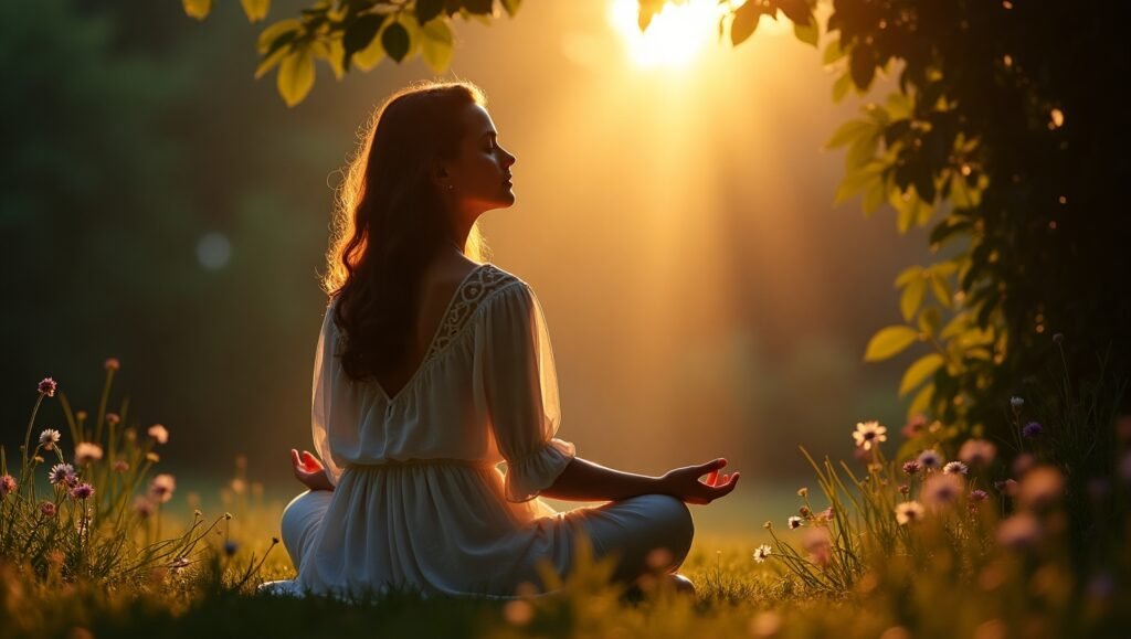Mulher meditando em posição de lótus em uma floresta ao amanhecer, cercada por flores silvestres e iluminada por raios dourados de sol, transmitindo paz, equilíbrio e conexão com a natureza.