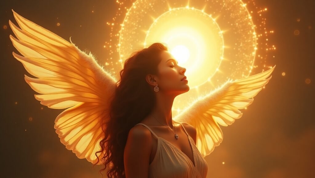 Mulher com asas angelicais douradas orando com serenidade diante de uma luz celestial radiante, representando pureza, fé e conexão espiritual.